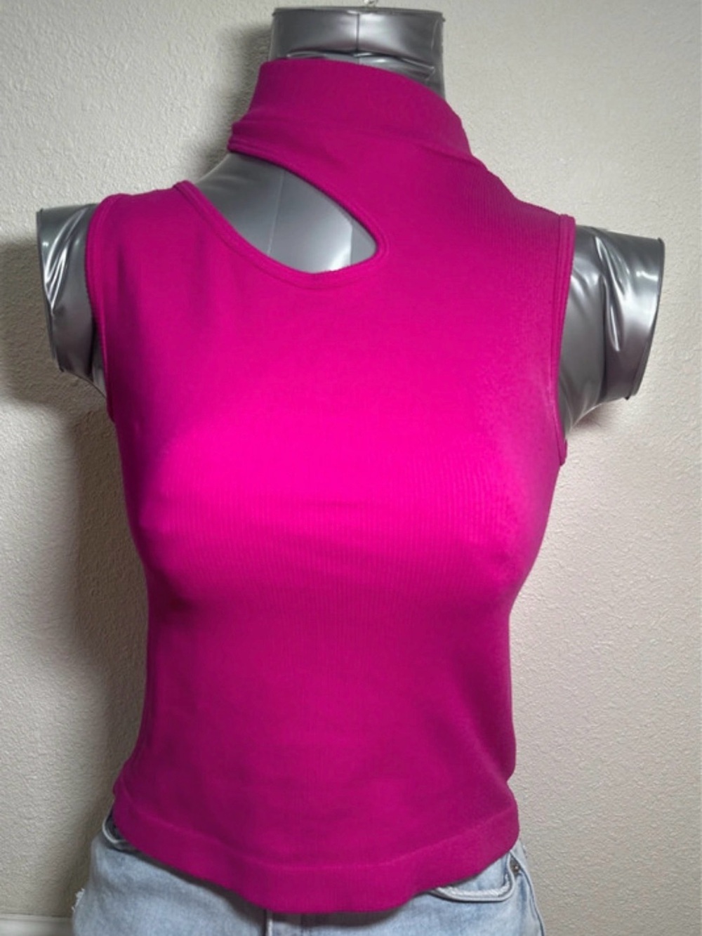 Bloom Seasons Fuchsia Pink Mock Neck Cutout Sleeveless Top – Style 1007